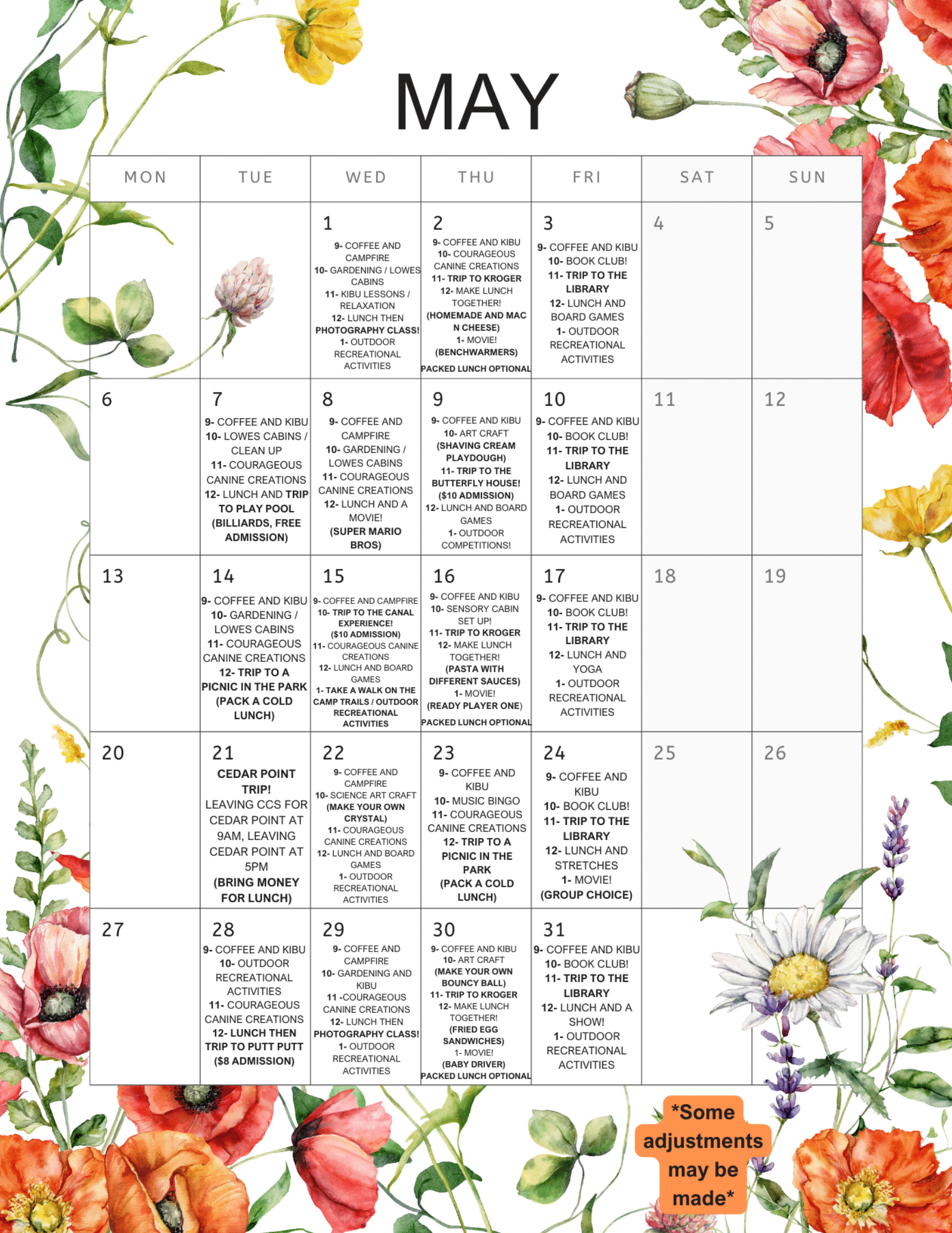 The May Courageous Connections calendar. It has flowers on it.