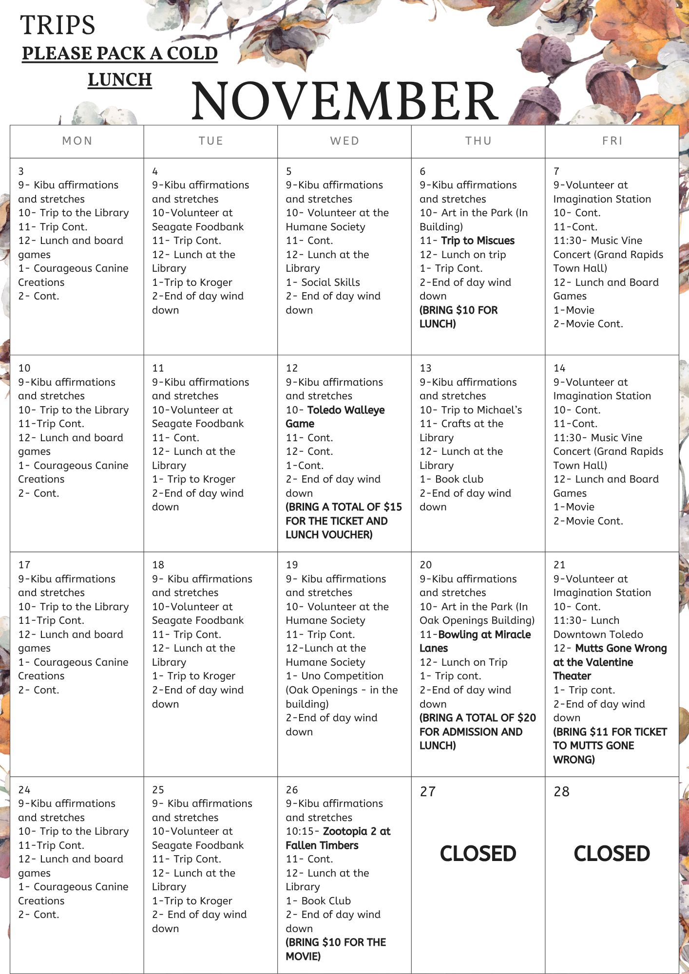 The November Courageous Connections ADS calendar.