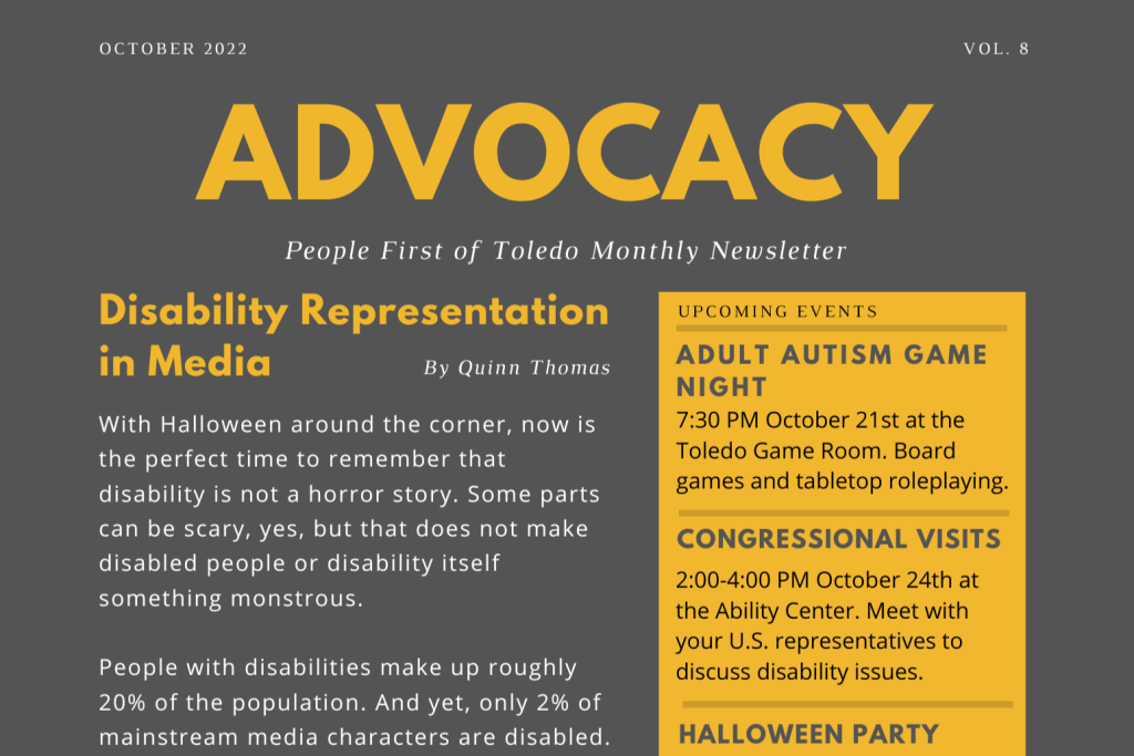 A cropped image of the first page of People First's October newsletter. It is darkgray with orange accents and white lettering.