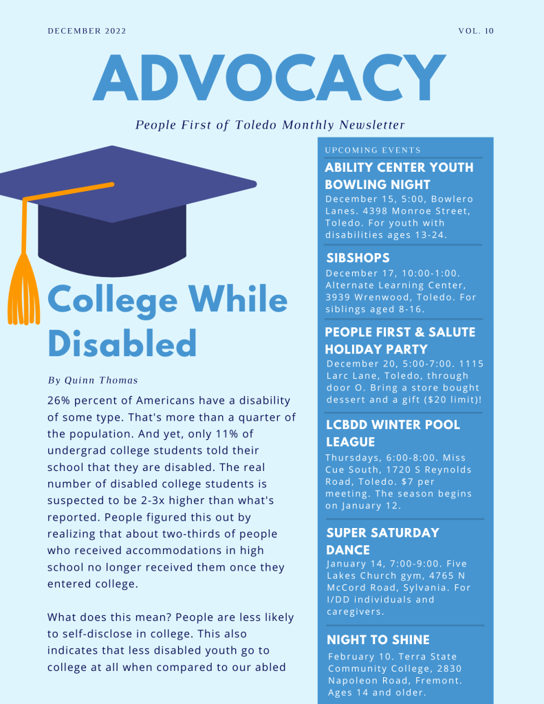 The front side of the People First Newsletter. It is pale blue with brighter blue accents. The title is "College While Disabled," and there is clip art of a graduation cap sitting over the word college.