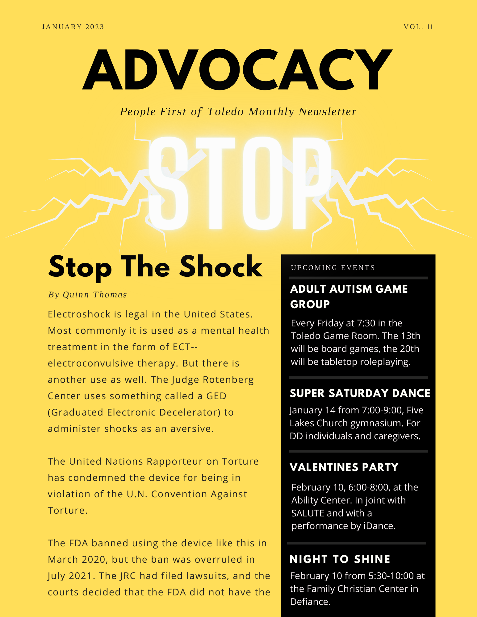 The front side of People First's January newsletter. It is yellow with black accents. The featured image is the word STOP in glowing white and with lightning pouring out of it. The article title is 