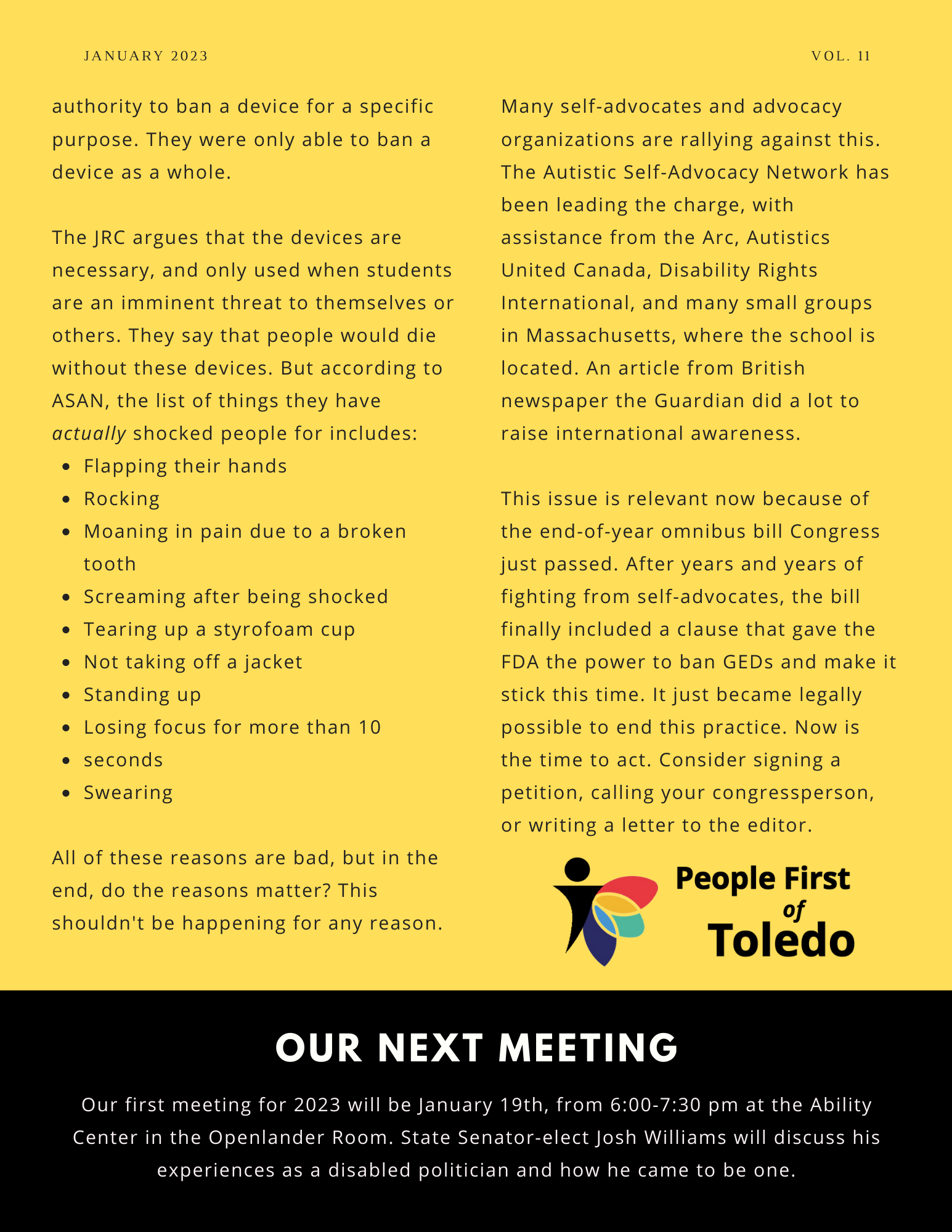 The backside of the January Newsletter. It is yellow with black accents. The People First of Toledo logo is under the right hand column.