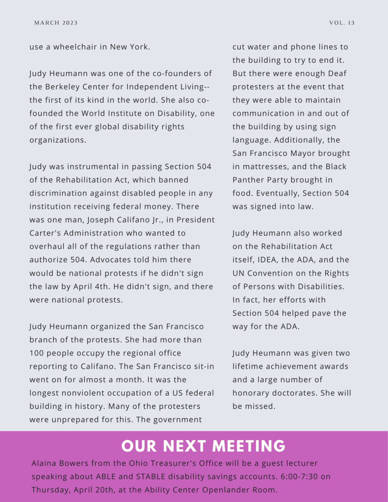 The back side of People First's March newsletter. It is a very light blue with purple accents. 