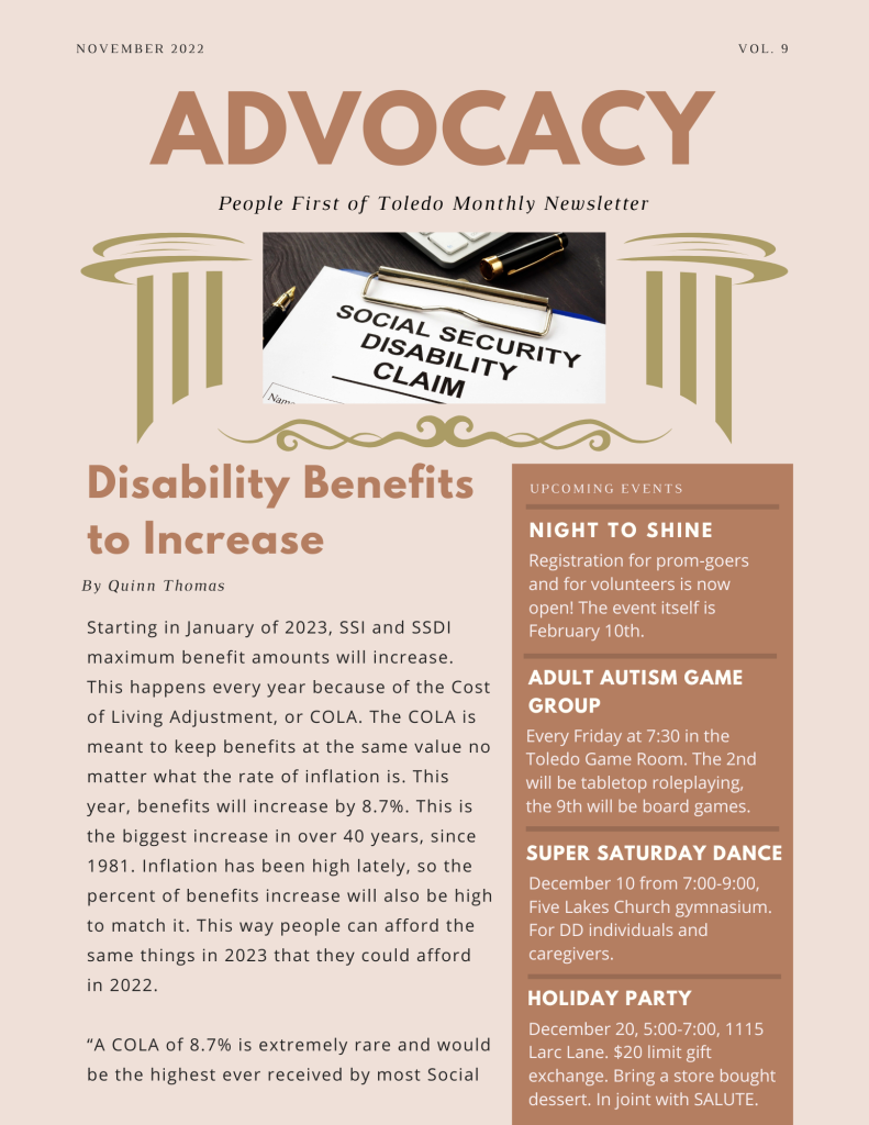 The front page of People First's November newsletter, titled "Disability Benefits to Increase. It is beige with brown accents. At the top is snapshot of a disability benefits application form, bookended by two golden pillars.