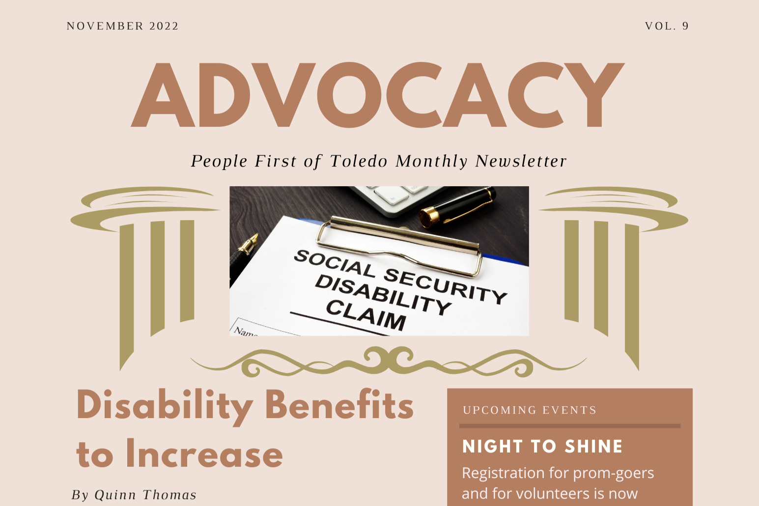A cropped image of the front page of the People First November newsletter. It is titled "Disability Benefits to Increase" and is beige with brown accents. The center image is a snapshot of a socail security disability claim. It is bracketed by two golden pillars.