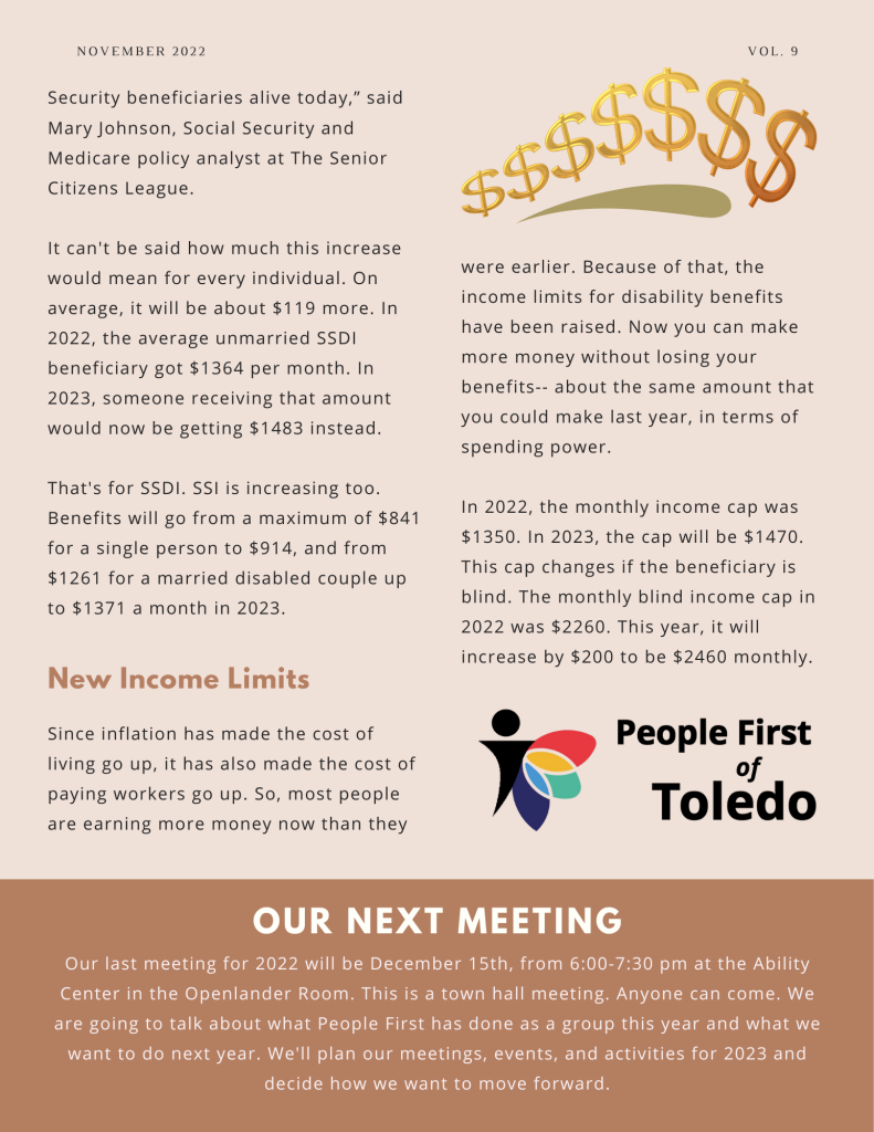 The back side of People First's November newsletter. It is beige with brown accents. There is a string of increasingly large gold dollar signs above the right column. A subheading in the left column reads "New Income Limits."
