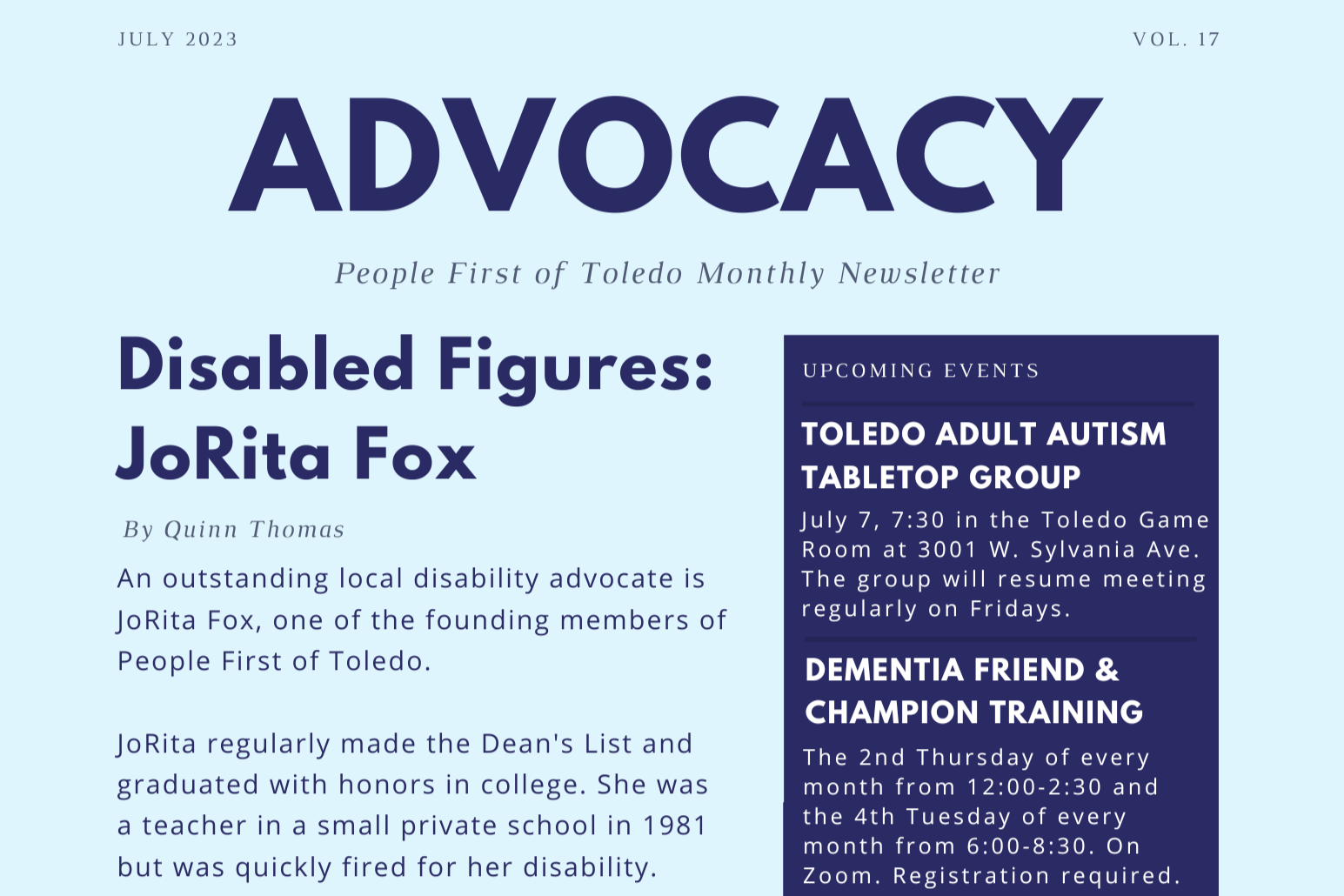 A cropped header image of People First of Toledo's July 2023 newsletter.