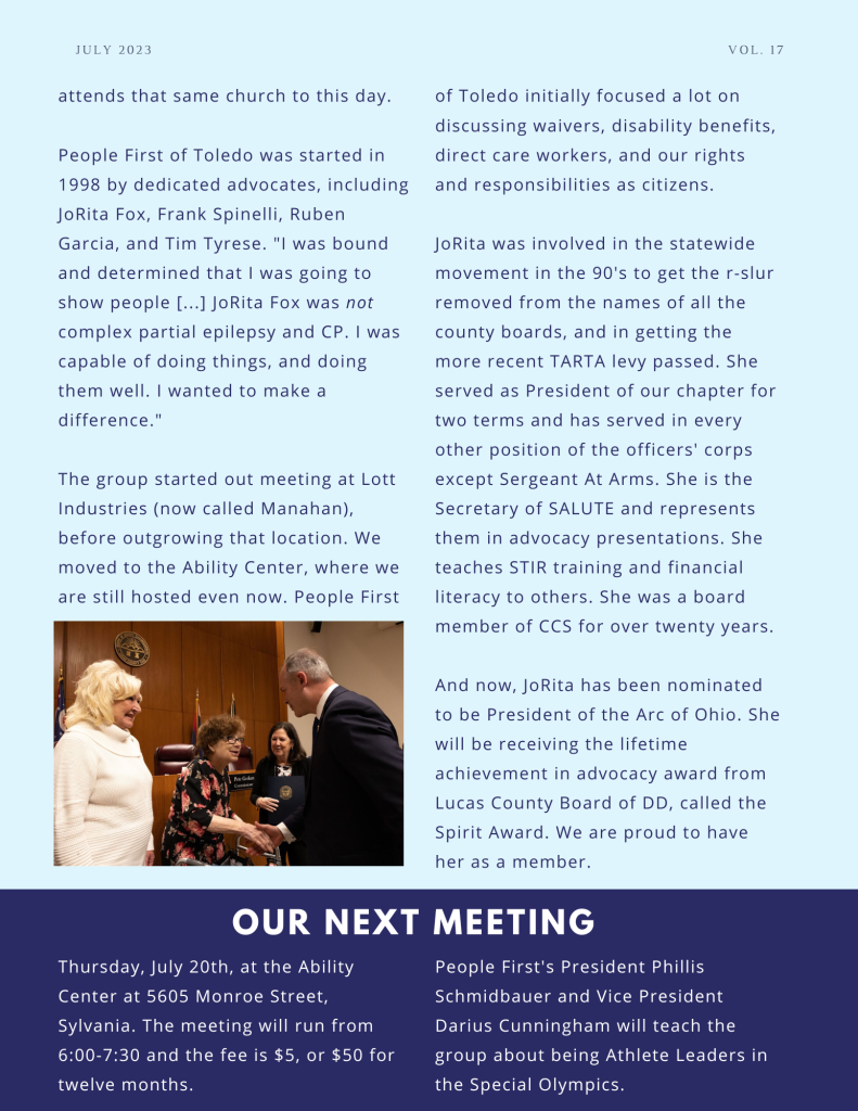 The back page of People First of Toledo's July newsletter. It is light blue with dark blue accents. There is an image of JoRita Fox shaking hands with someone in a government building in the bottom left corner.