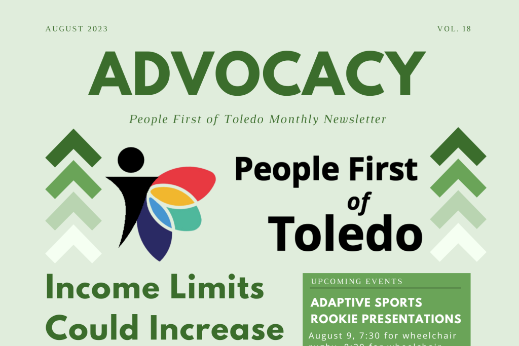 A cropped version of the front page of People First of Toledo's August 2023 newsletter. It is very light green with pea green accents.