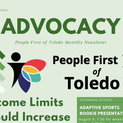 A cropped version of the front page of People First of Toledo's August 2023 newsletter. It is very light green with pea green accents.