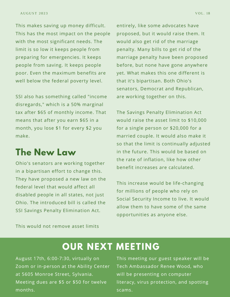 The back page of People First of Toledo's August 2023 newsletter. It is very light green with pea green accents.