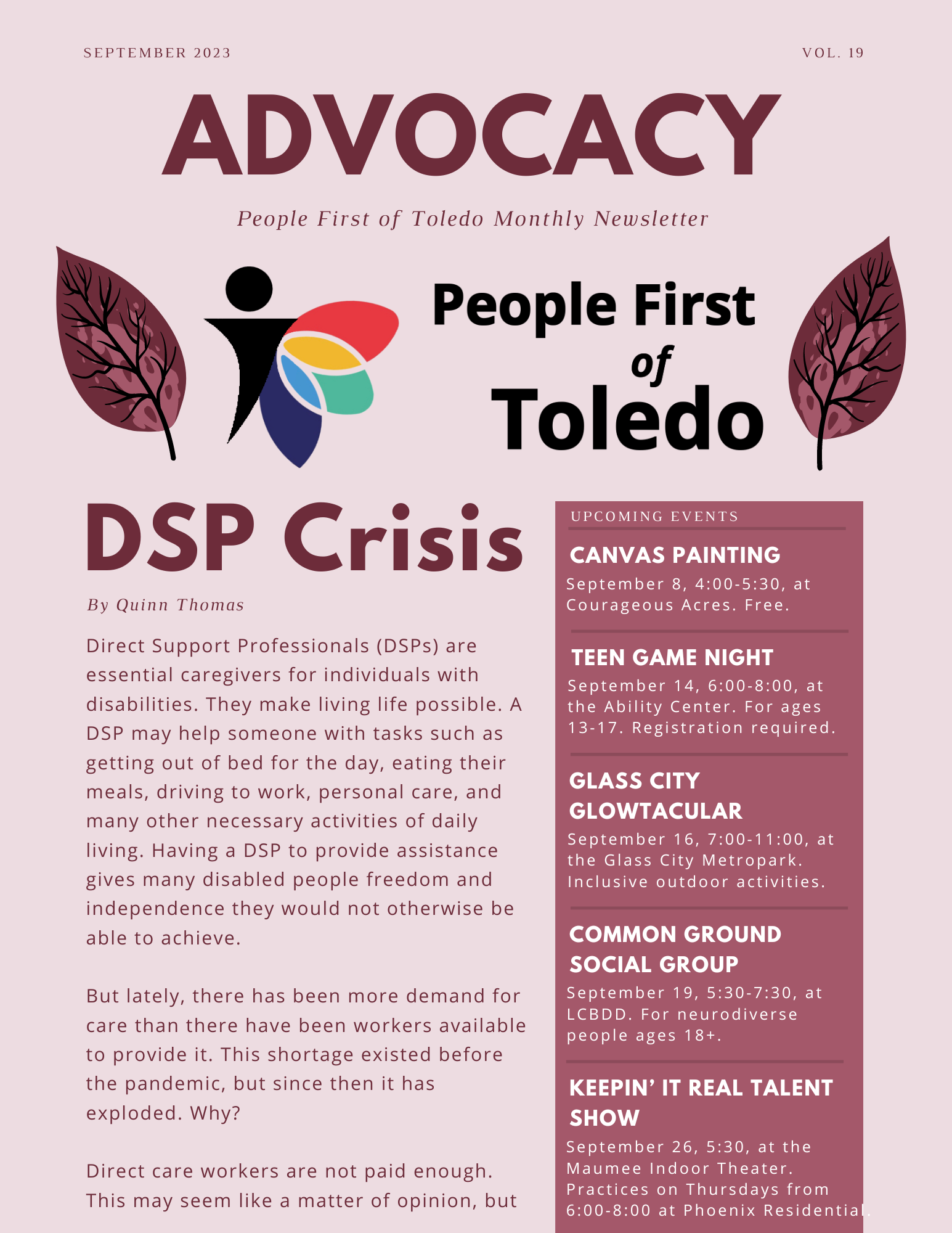 The front page of People First of Toledo's September 2023 newsletter. It is in shades of pink and dusky rose.