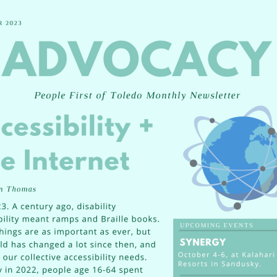 A cropped image of the front page of People First of Toledo's October 2023 advocacy newsletter. It is in shades of sea foam green.