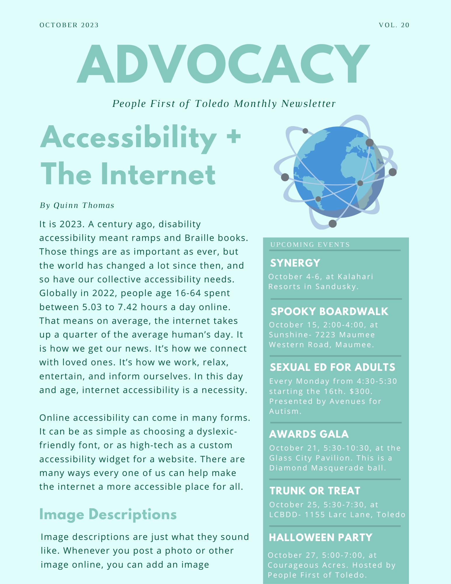 The front page of People First of Toledo's October 2023 advocacy newsletter. It is in shades of sea foam green.