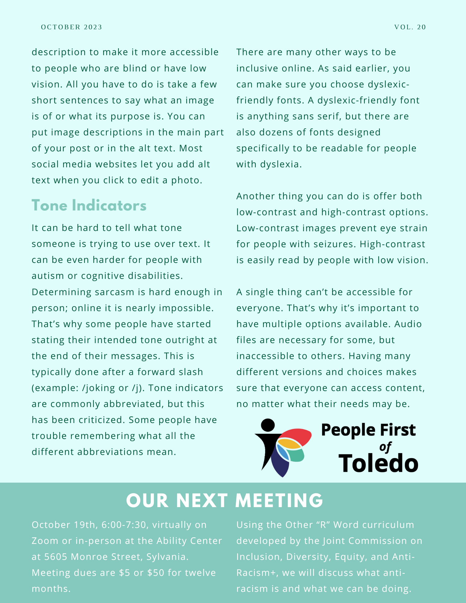 The back page of People First of Toledo's October 2023 advocacy newsletter. It is in shades of sea foam green.