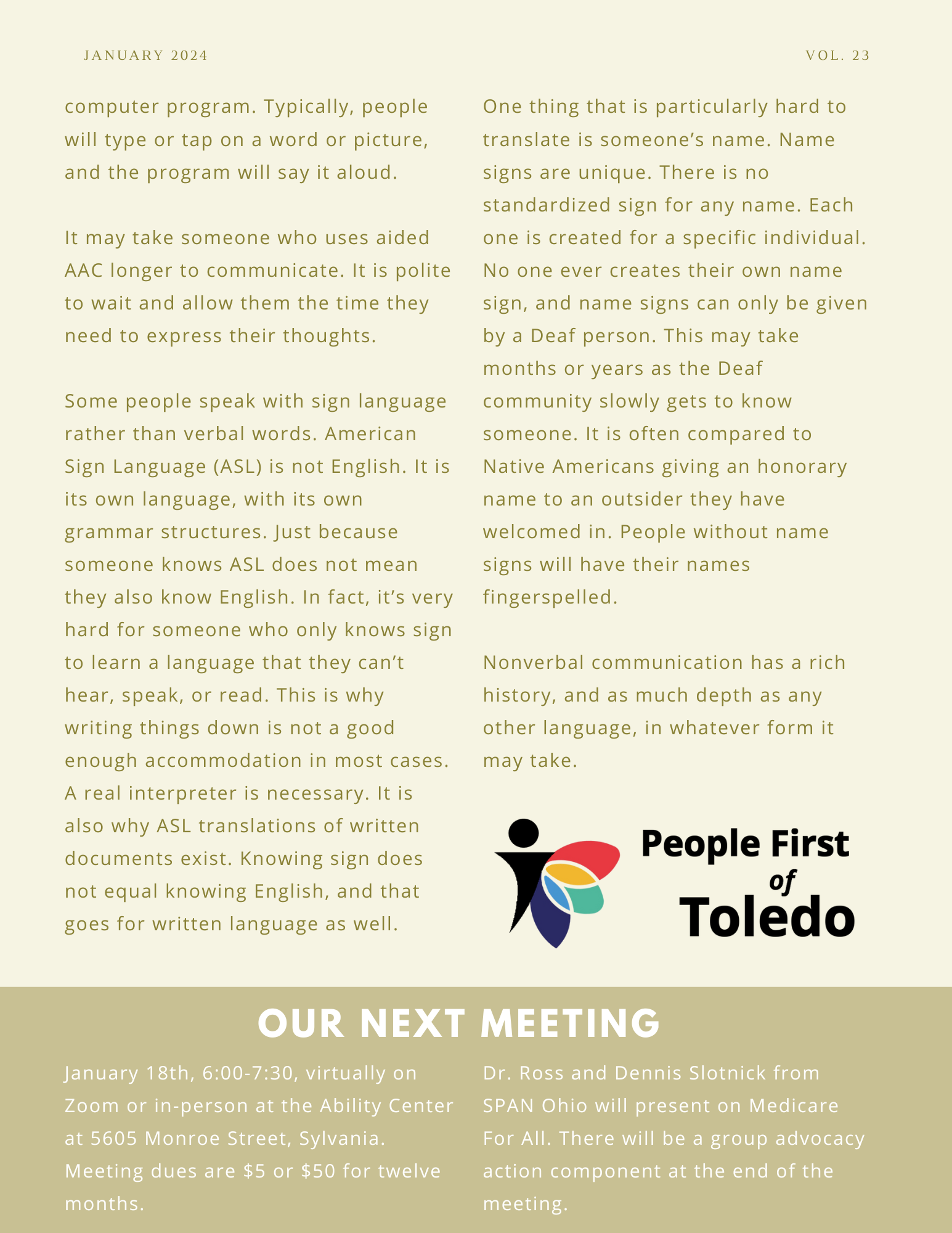 The back page of People First of Toledo's January 2024 newsletter.