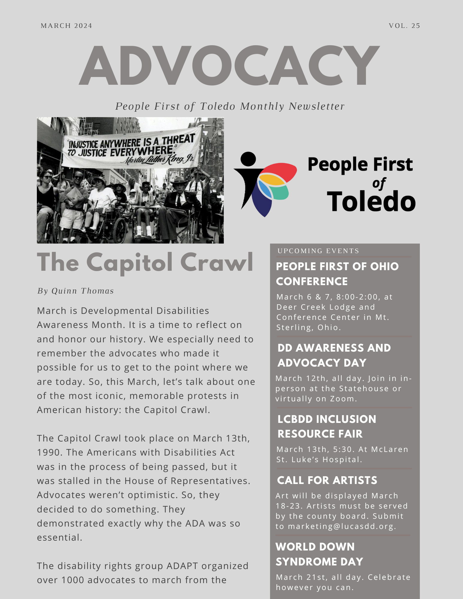 The front page of People First of Toledo's March 2024 newsletter.