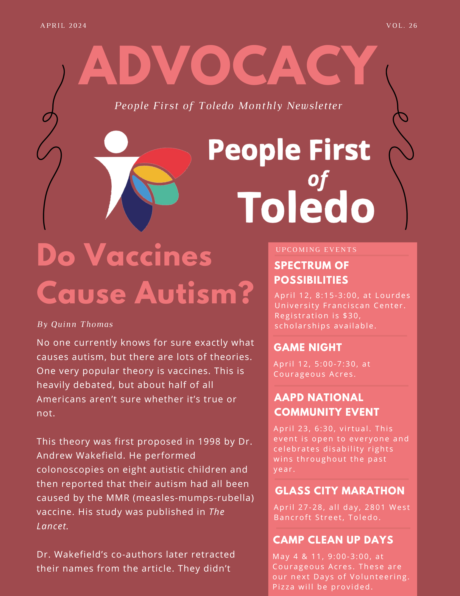 The front page of People First of Toledo's April 2024 newsletter.