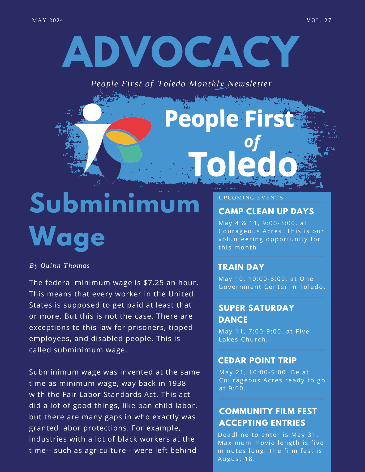 The front page of People First of Toledo's May 2024 newsletter.