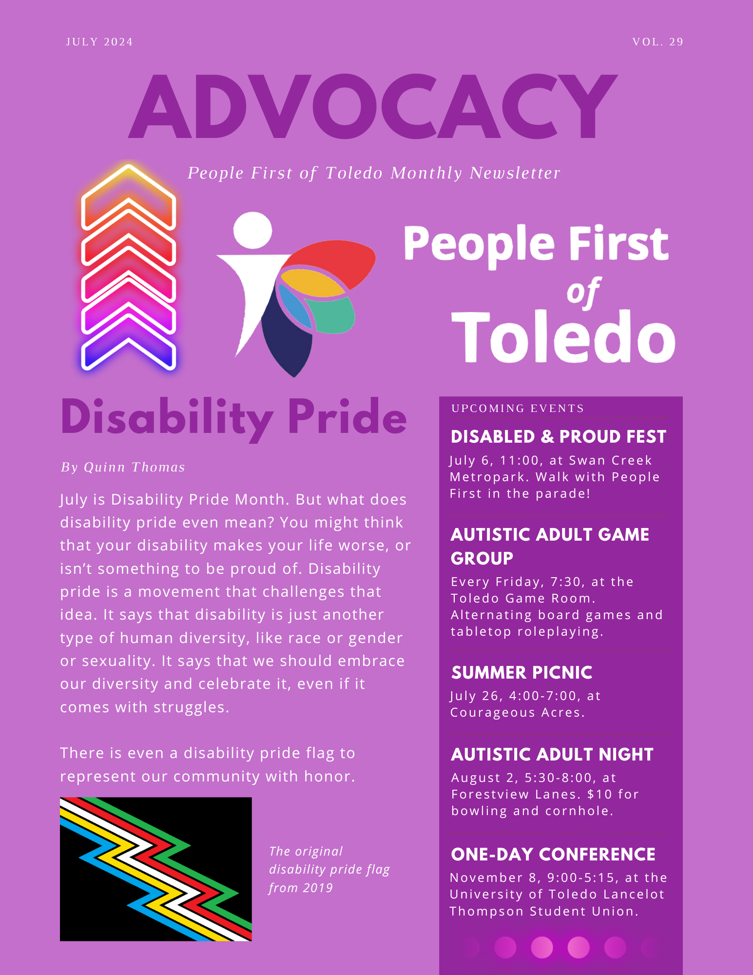 The front page of People First of Toledo's July 2024 advocacy newsletter.