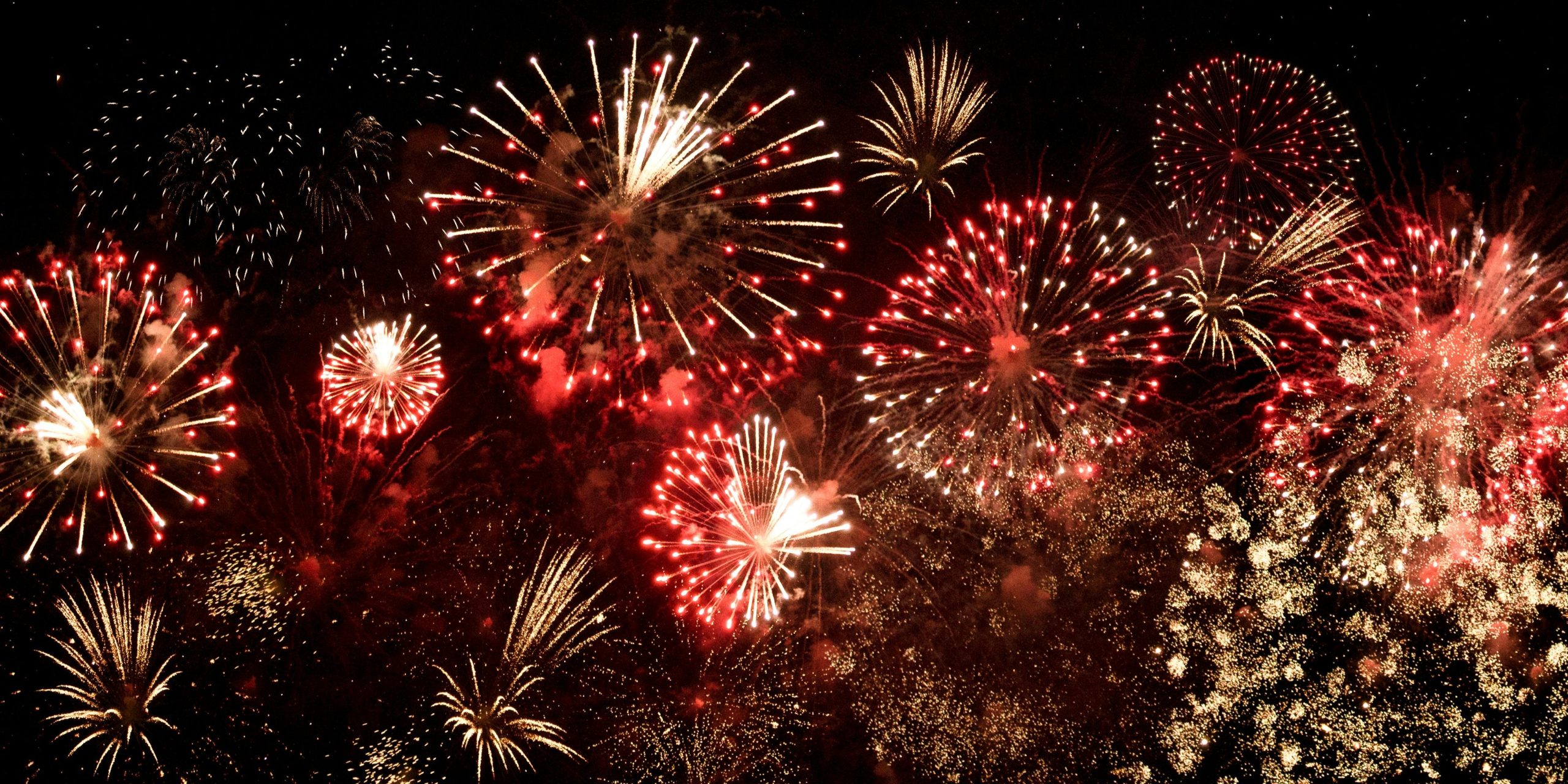 An image of red fireworks exploding in the night.