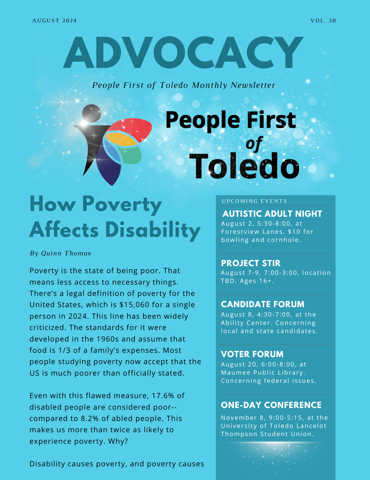 The front page of People First of Toledo's August 2024 advocacy newsletter.