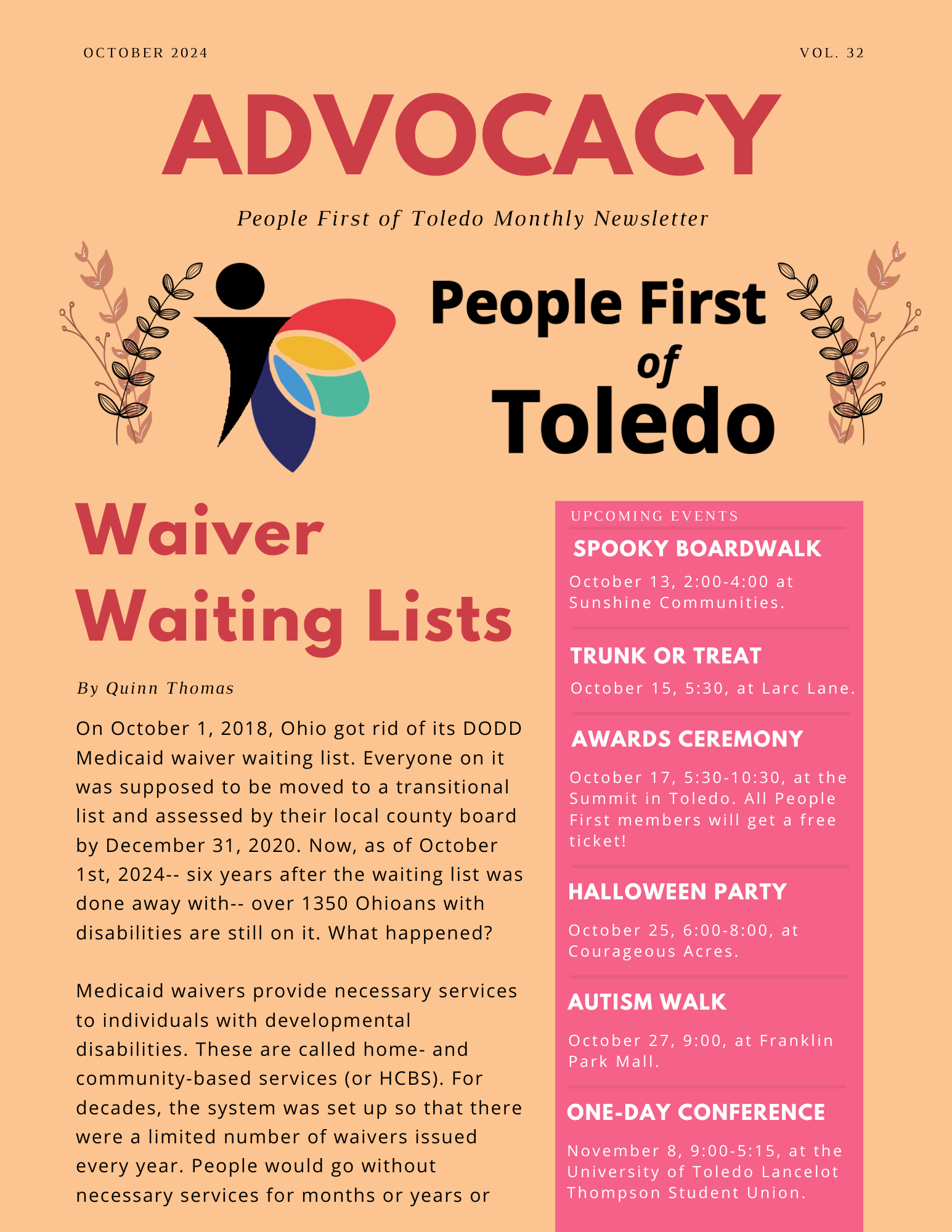 The front page of People First of Toledo's October advocacy newsletter.