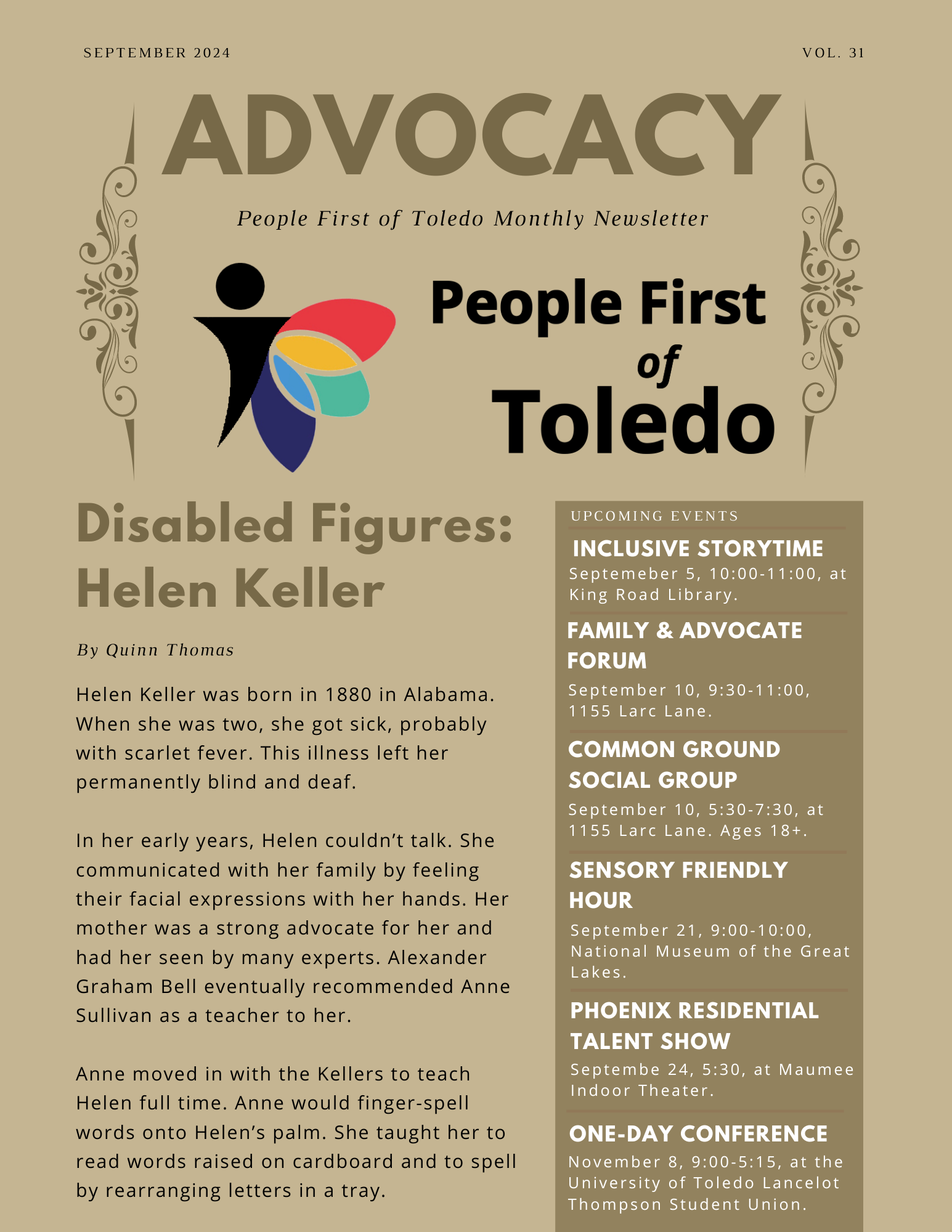 The front page of People First of Toledo's September advocacy newsletter.