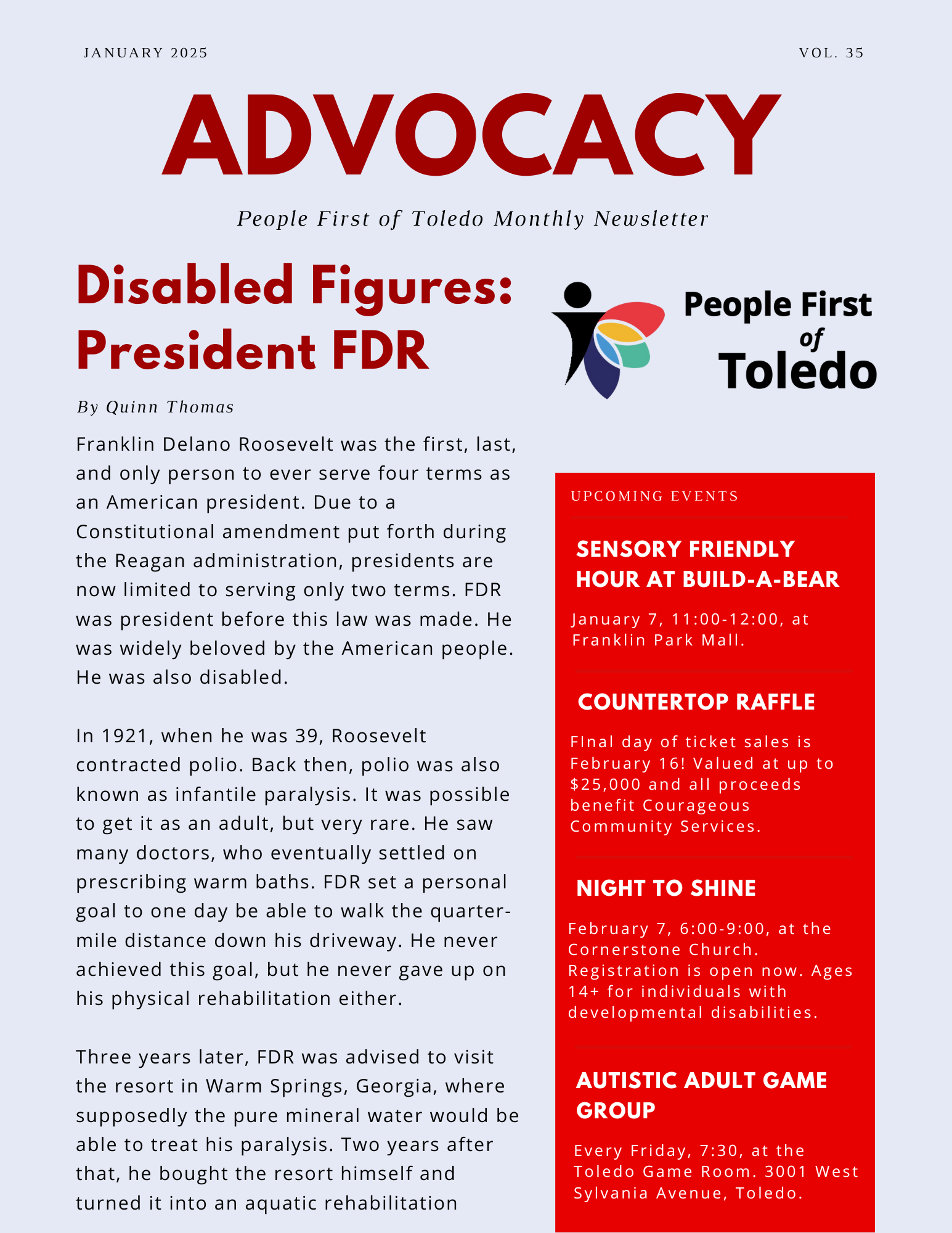 The front page of People First of Toledo's January 2025 advocacy newsletter.