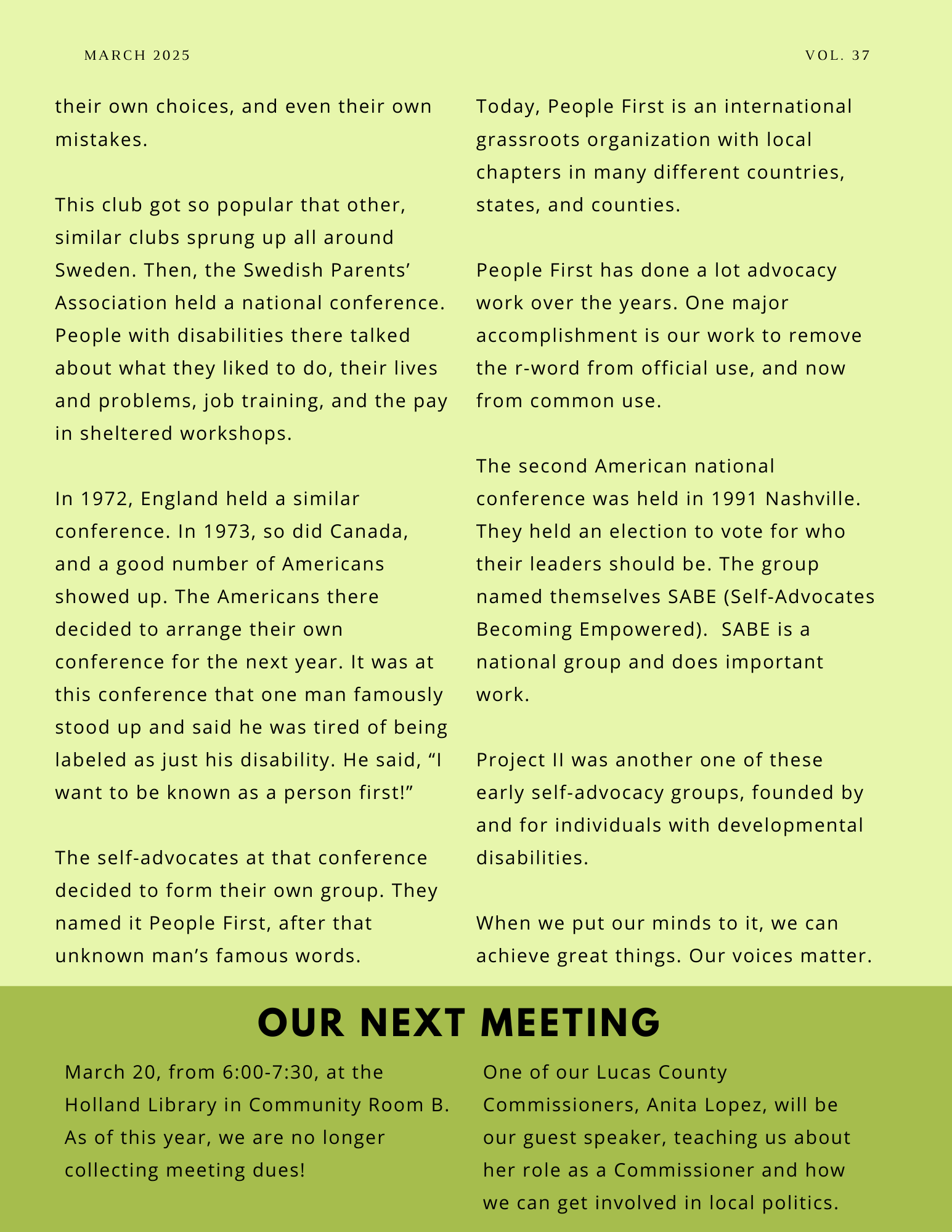 The back page of People First of Toledo's March 2025 newsletter.