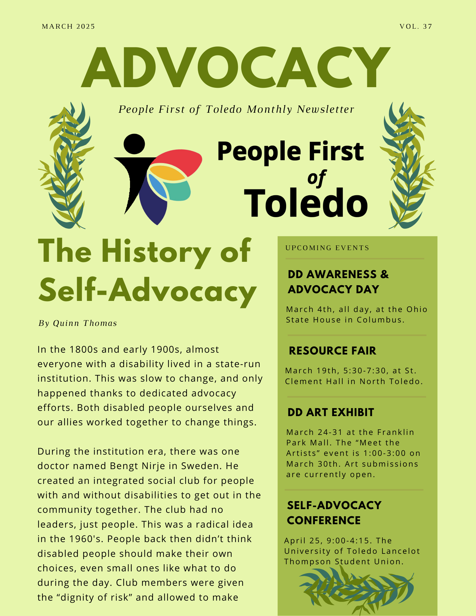 The front page of People First of Toledo's March 2025 newsletter.