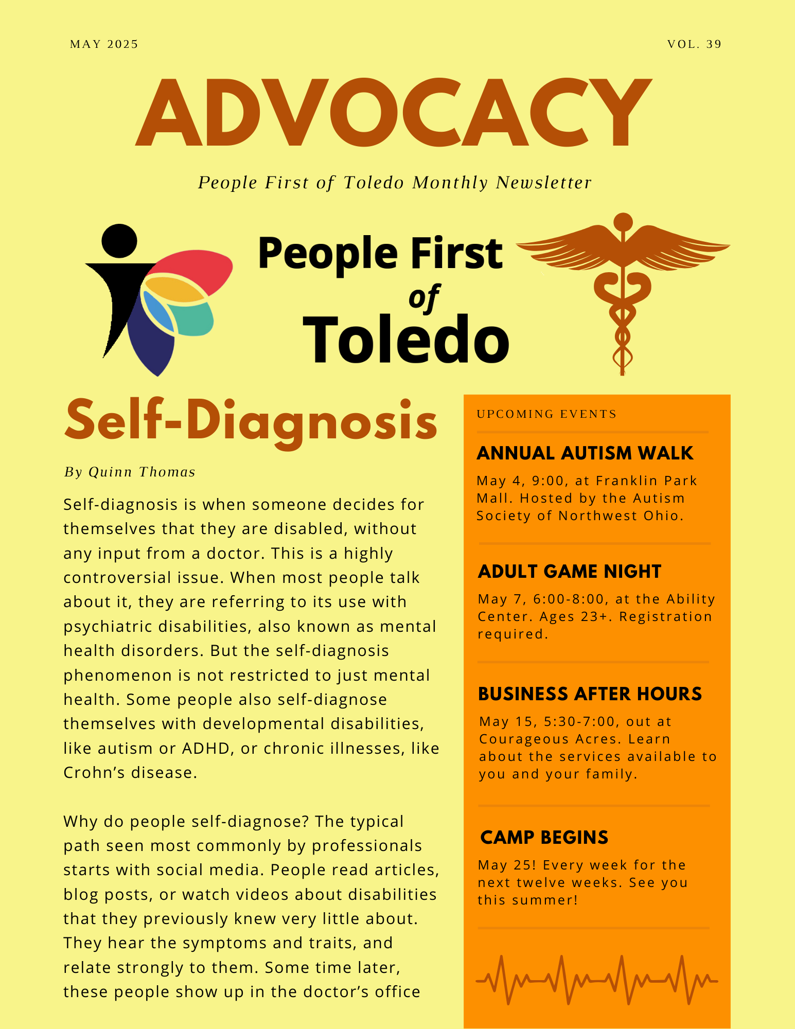 The front page of People First of Toledo's May 2025 newsletter.