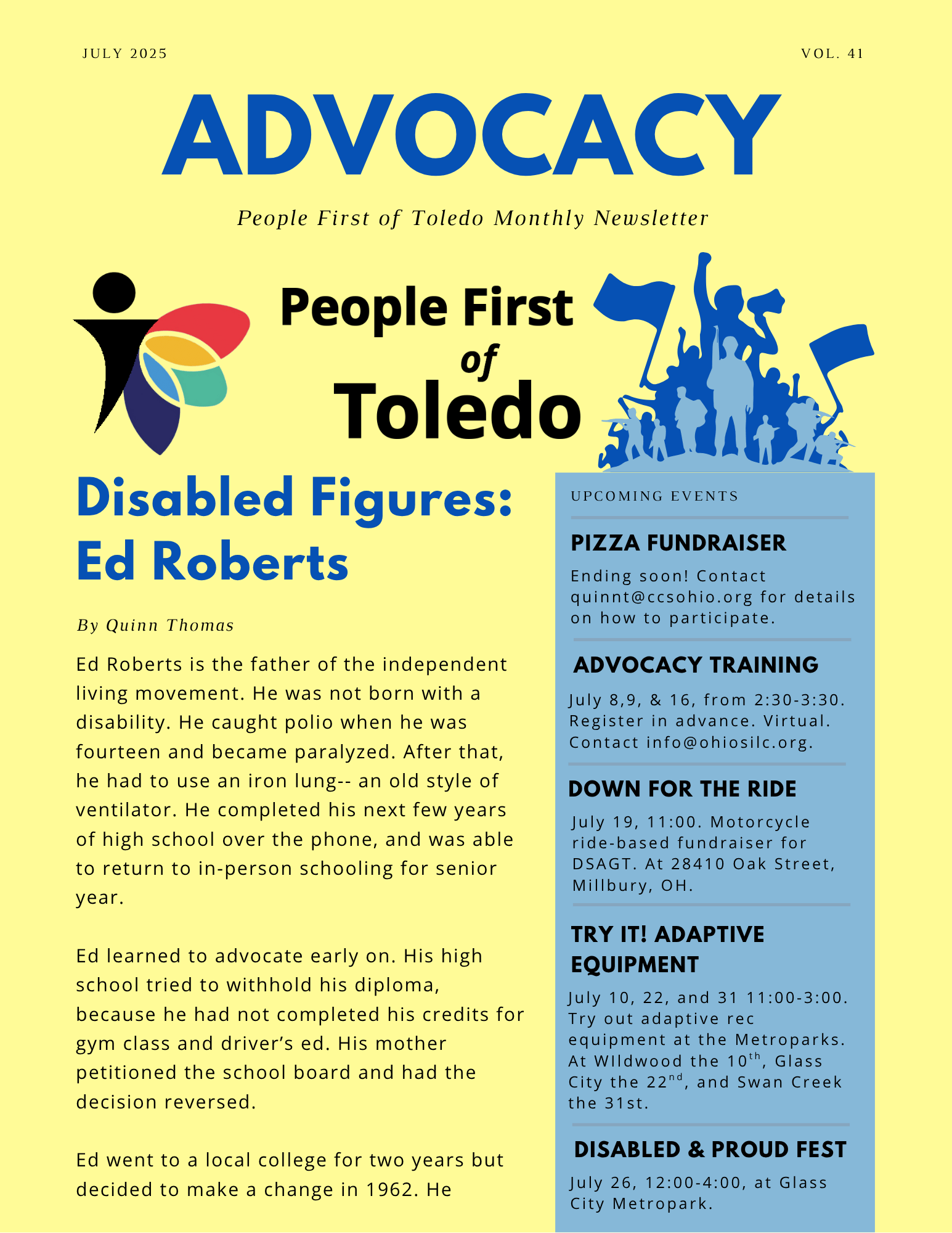 The front page of People First of Toledo's July 2025 advocacy newsletter.
