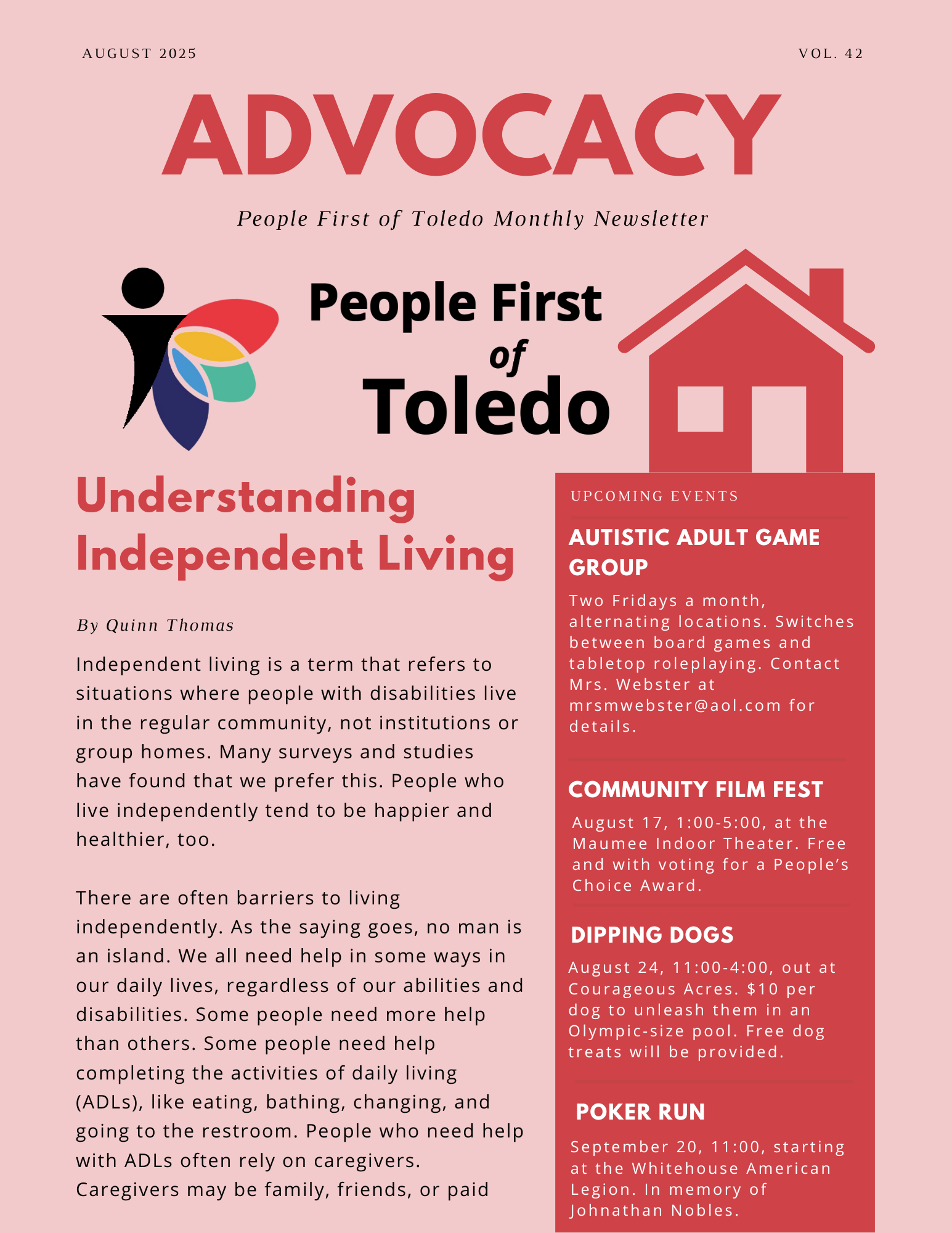 The front side of People First of Toledo's August 2025 newsletter.