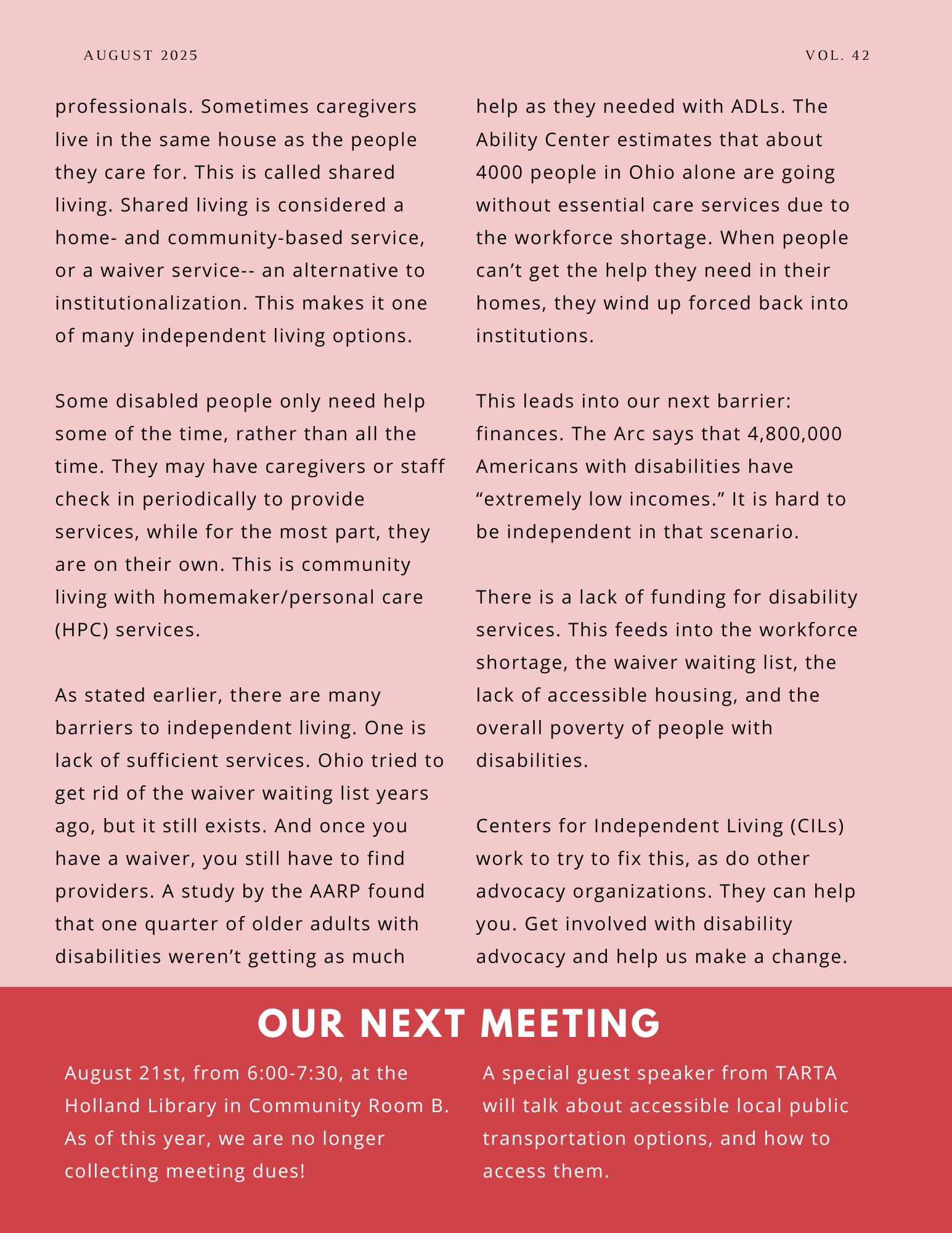 The back side of People First of Toledo's August 2025 advocacy newsletter.