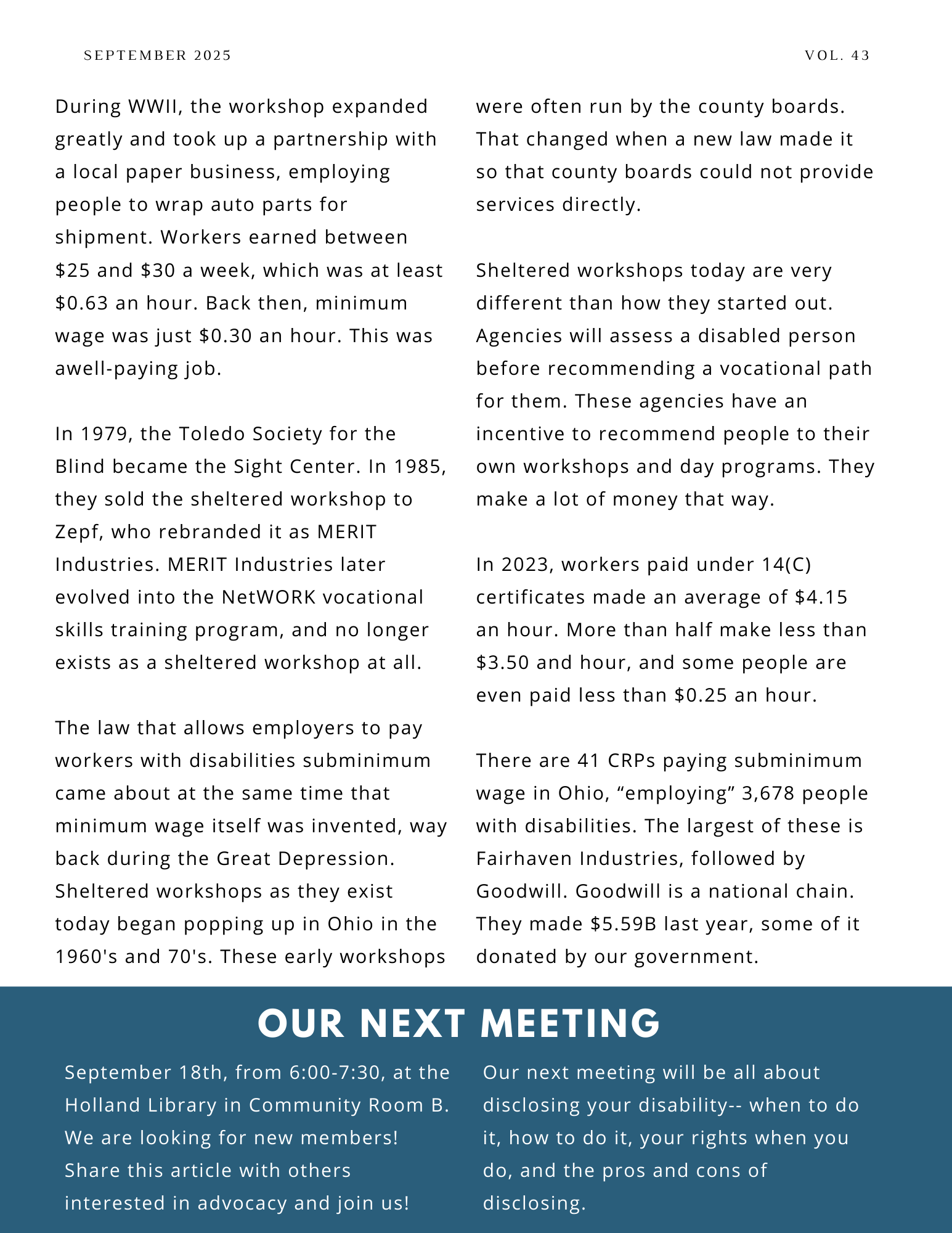 The back page of People First of Toledo's September 2025 newsletter. 