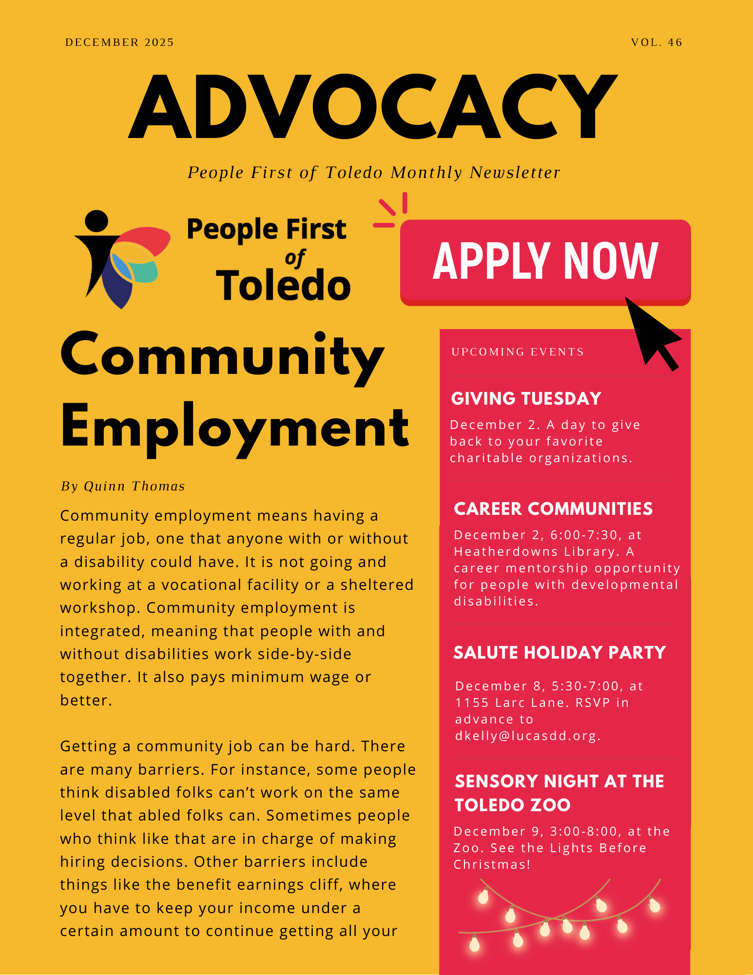 The front page of People First of Toledo's December 2025 newsletter.
