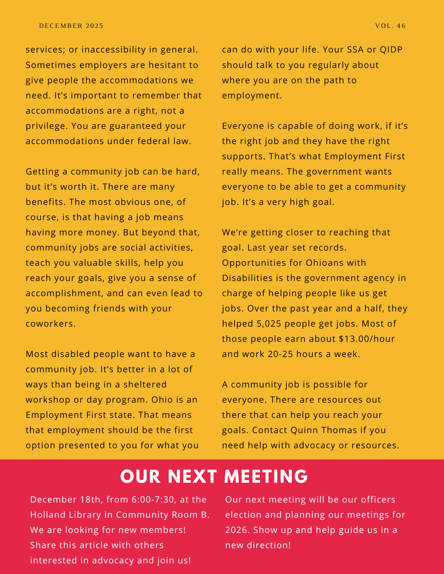 The back page of People First of Toledo's December 2025 newsletter.