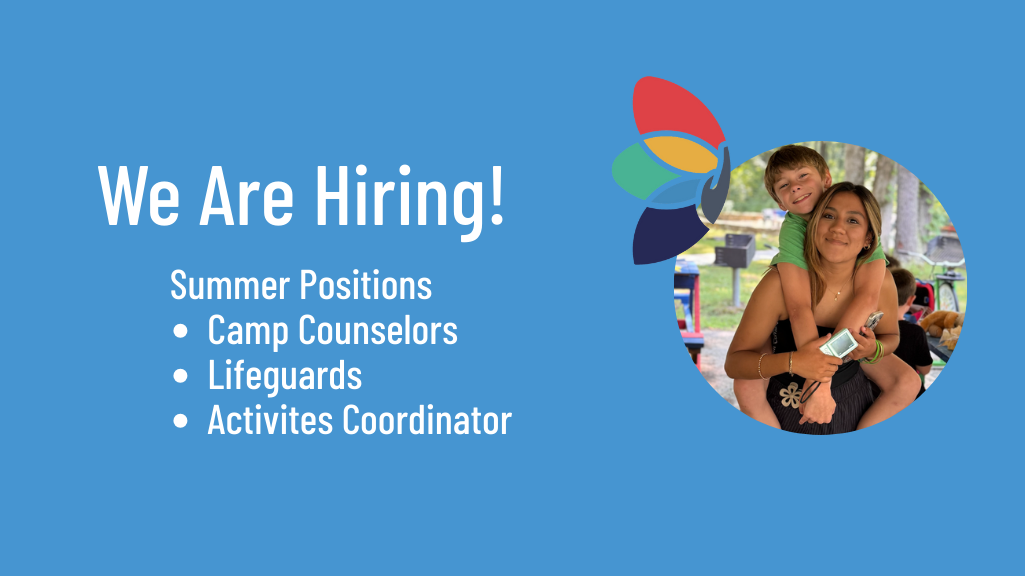 We are hiring for Summer Positions: Camp Counselor, Lifeguards, Activities Coordinator. [Image description: Photo of a female camp counselor with a camper on her back]